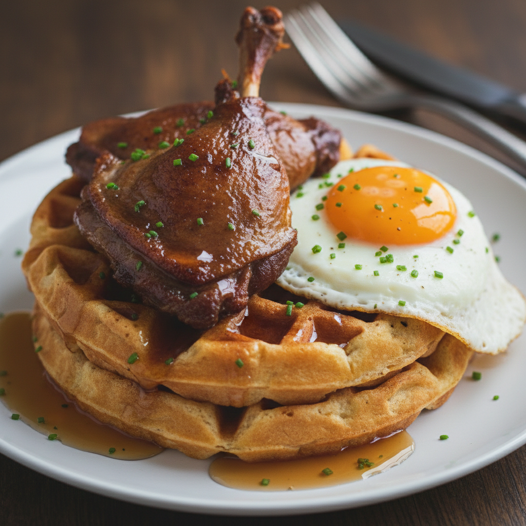 Confit duck and waffle at brunch at The Star in Malden Rushett